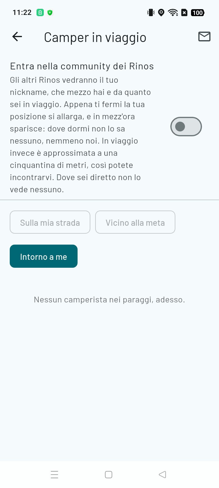 La schermata Camper in viaggio: l'invito a entrare nella community dei Rinos con l'interruttore spento, i filtri per strada e destinazione, e il messaggio che dice quando non c'e nessuno nei paraggi