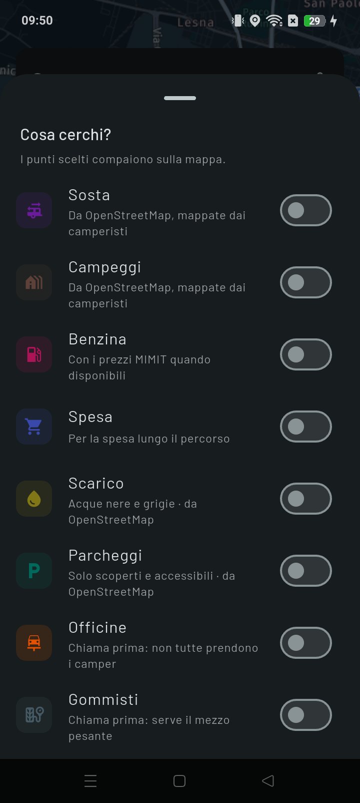 Il pannello dei filtri di CampeRino aperto, con le categorie di punti di interesse per camper