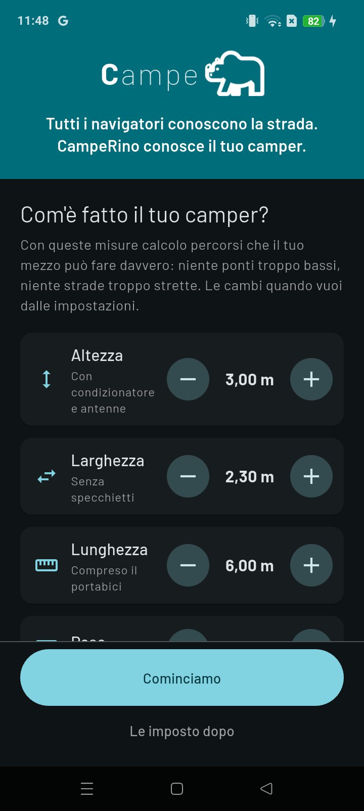 Prima schermata di CampeRino: le misure del camper, con altezza, larghezza e lunghezza regolabili