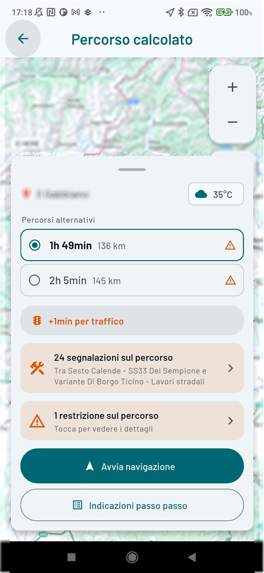 Schermata del pannello del percorso calcolato, con tappe, durata e adeguatezza al mezzo